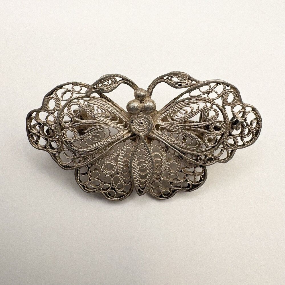 Vintage Sterling Silver Filigree Butterfly Brooch Pin, Handmade Unmarked 1940–60